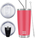 WETOWETO 20oz Tumbler with 2 lids and 2 straws, Stainless Steel Vacuum Insulated Water Coffee Tumbler Cup, Double Wall Powder Coated Spill-Proof Travel Mug Thermal Cup (Watermelon Red, 1 Pack) by Wetoweto