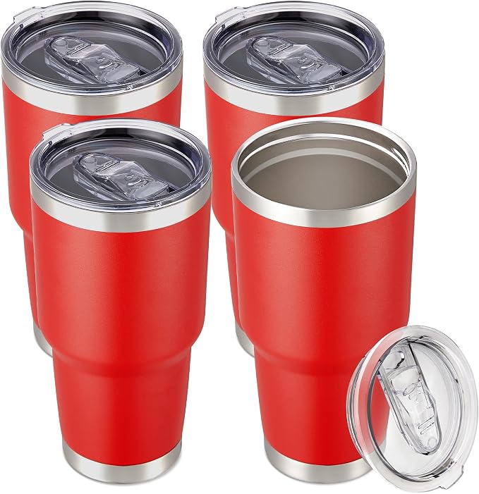 30 oz Tumbler with Lid Stainless Steel Tumblers Bulk Vacuum Insulated Cup Reusable Powder Coated Travel Mug Double Wall Leak Proof Cups Keep Cold Drinks for 12 Hours Wine Red, Set of 4 by CoolYoleb