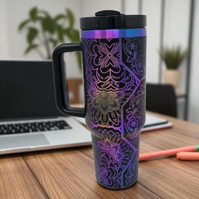 Hidden Cuss Word Tumbler 40oz Laser Engraved Funny Nurse Gift Swear Tumbler with Lid and Straw, Multicolor, Gag Gift Hidden Curse Words Stainless Steel Travel Mug (Charcoal with Blue Purple Underlay) - Image 6