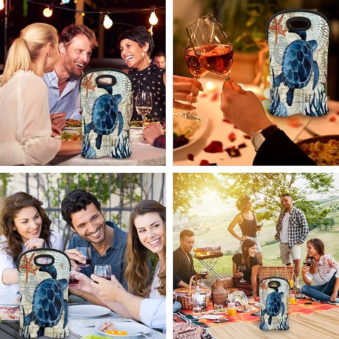 Vintage Sea Turtle 2 Bottle Wine Carrier Tote Bag Insulated Neoprene Portable - Image 7