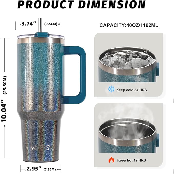 40 oz Shiny Tumbler with Handle and Straw,Stainless Steel Tumbler with Lid and Straw,Insulated Travel Mug(Cold for 34 Hours),Water Bottle for Iced Tea,Coffee (Black Blue) - Image 2
