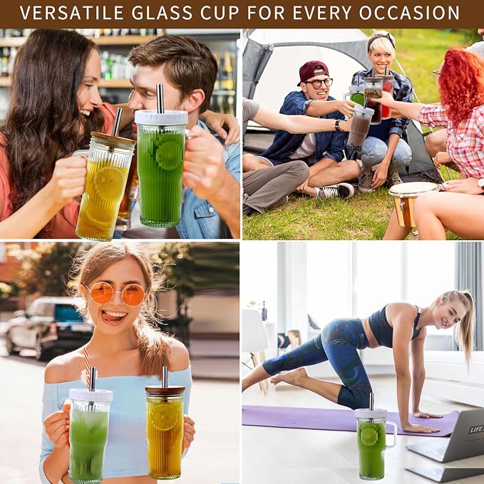 24oz Ribbed Glass Tumbler With Handle,4Pack Glass Cup with Lids and Straws,Reusable Glass Iced Coffee Cups With lids,Mason Jar Cup&Drinking Glasses for Smoothie,Shake,Juice,Soda Water,Tea,Travel Cup - Image 8