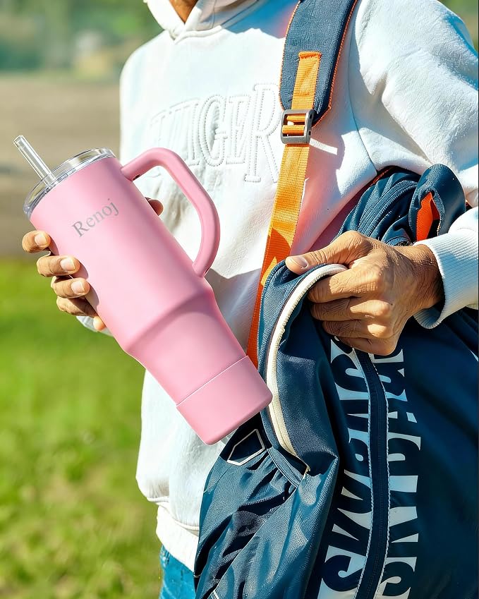 Renoj Insulated Mug 100% Spill Resistant Insulated Water Bottle for Iced Coffee & Hot Drinks - Fits Car Cup Holder, Ideal Gift, 2 Straws & Silicone Boot - FlexSlide Pink 32 oz - Image 3