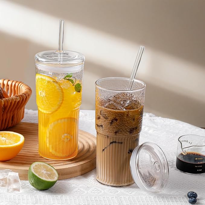 DWTS DANWEITESI Glass Cups with Lids and Straws 4 Pcs,20oz Glasses Drinking Set Vintage Textured Clear Iced Coffee Cups with Lids,Reusable Glass Tumbler with Straw and Lid for Coffee Bar Accessories - Image 6