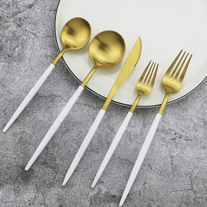 White Handle Matte Gold Silverware Set, Gugrida 5-Piece 18/10 Stainless Steel - Image 7