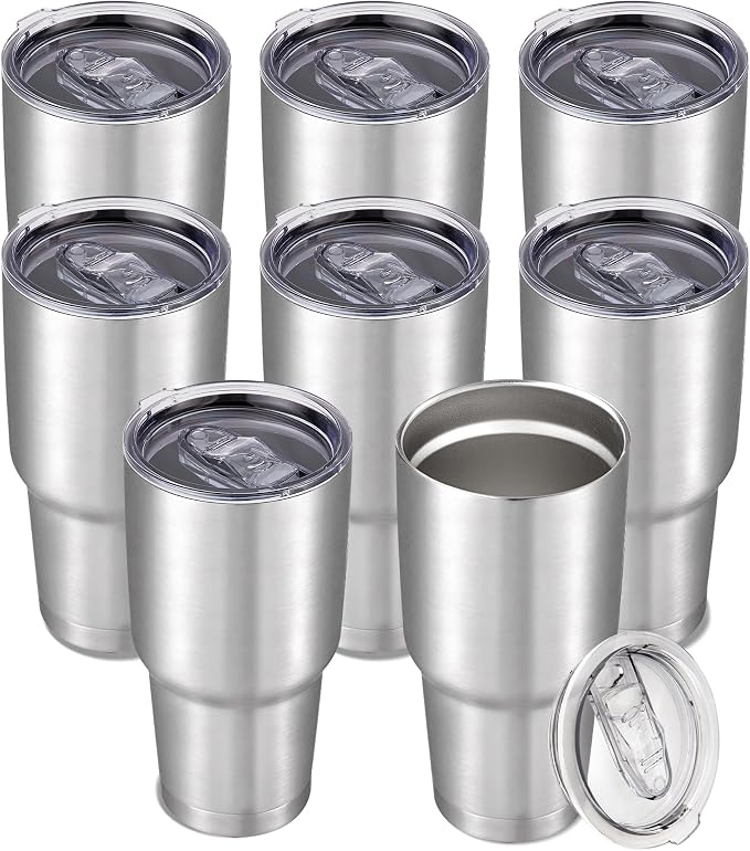 30 oz Tumbler with Lid Stainless Steel Tumblers Bulk Vacuum Insulated Cup Reusable Powder Coated Travel Mug Double Wall Leak Proof Cups Keep Cold Drinks for 12 Hours Stainless, Set of 8 by CoolYoleb