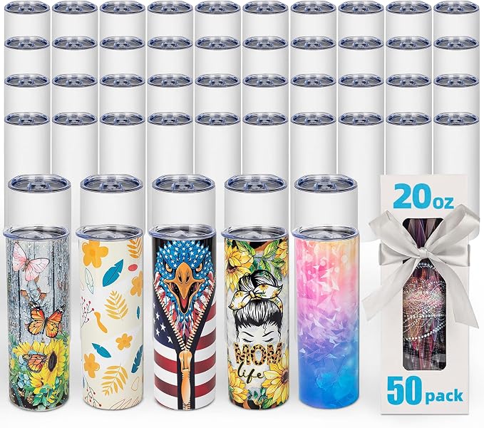 50 Pack 20oz Sublimation Tumbler Blanks Skinny Straight in Bulk, Stainless Steel Insulated Sublimation Tumbler with Polymer Coating for Heat Transfer, With Lid, Straw, ribbon, Gift box by UIRZOTN