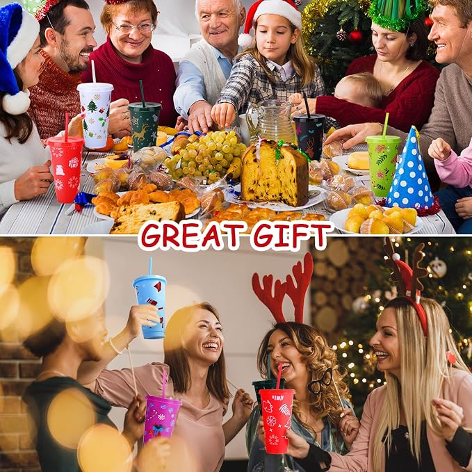 Honeydak 50 Pcs 24oz Christmas Cup Bulk Gift Tumbler with Straw and Lid Coffee Cups with Lids Holiday Gifts Bulk Reusable Plastic Water Bottle Iced Coffee Travel Mug for Party Birthdays - Image 5