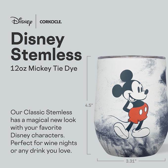 Corkcicle Stemless Insulated Wine Glass Tumbler - Beverages Cold 6 & Hot 3 Hours - Stainless Steel - Easy-Grip - Summer Drinkware Gift - Keeps Drinks Ice - 12 oz - Mickey Tie Dye - Image 2