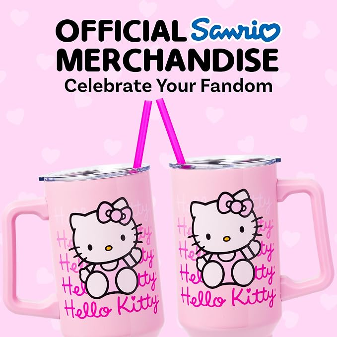 Silver Buffalo Sanrio Hello Kitty Waving Double Walled Stainless Steel Tumbler with Handle and Straw, Fits in Standard Cup Holder, 40 Ounces - Image 5
