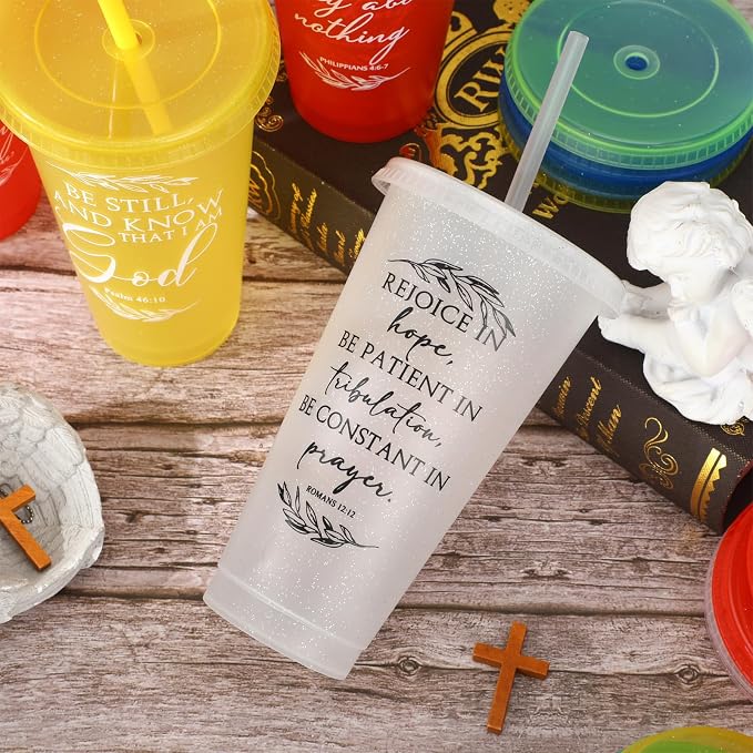 Havawish 12 Pcs Mothers Day Christian Tumbler Gift Bulk Religious Inspirational 24 oz Drinking Jesus Cup with Lid Straw Bible Verse Plastic Cup for Church Father Teacher First Communion (Colour) - Image 3