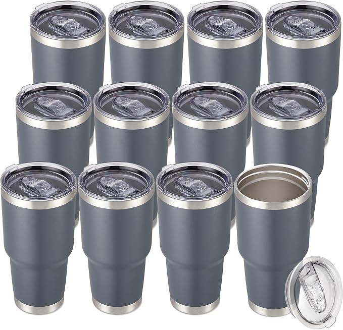 30 oz Tumbler with Lid Stainless Steel Tumblers Bulk Vacuum Insulated Cup Reusable Powder Coated Travel Mug Double Wall Leak Proof Cups Keep Cold Drinks for 12 Hours Grey, Set of 12 by CoolYoleb