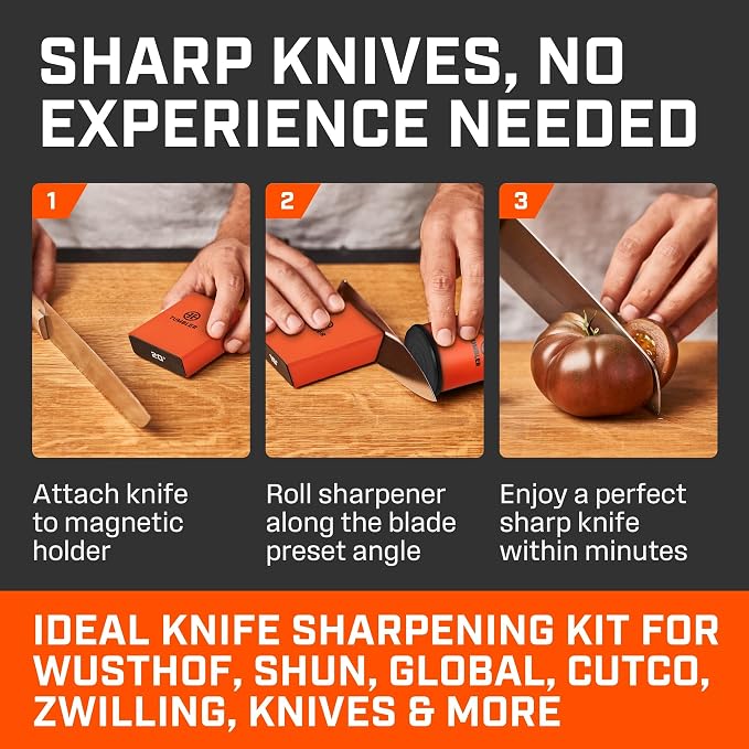 TUMBLER Pro Rolling Knife Sharpener™ - Knife Sharpening Made Easy - Ultimate Gift for Father's Day - Kit with Removable Disc System - 4-Layer Diamond Sharpening Disc & EdgeBoost Ceramic Disc (Orange) - Image 3