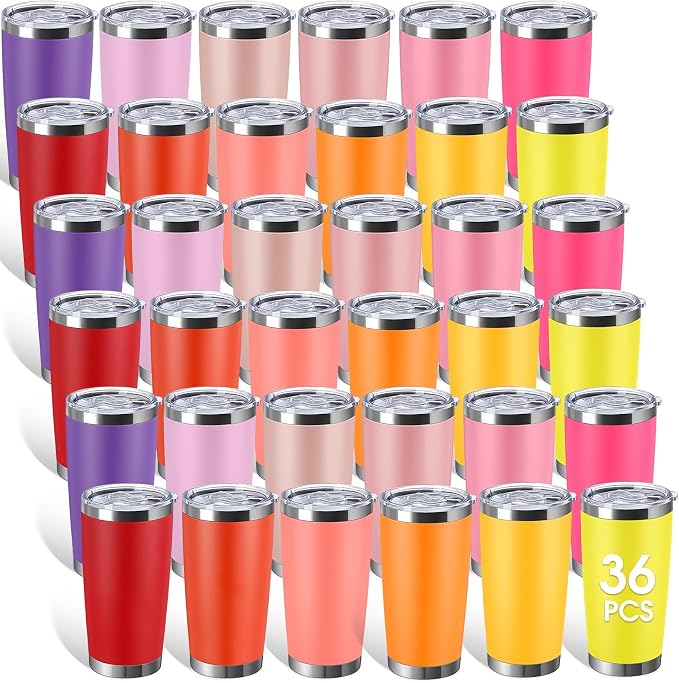 Sieral 36 Pack Stainless Steel Tumblers Bulk with Lids Double Wall Vacuum Insulated Coffee Cups Blank leakproof Powder Coated Tumblers for Engraving Wedding Graduation Party Favors(20 oz,Warm Color) by Sieral
