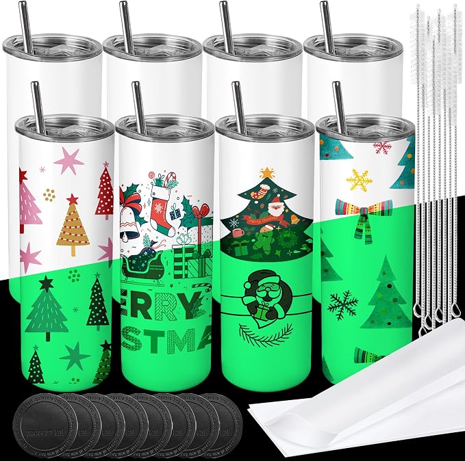 Joyclub 8 Pack Sublimation Tumblers Glow in the Dark 20 oz Bulk Blank Tumblers Skinny Straight Flat Bottom Cups White with Lid and Straw by Joyclub