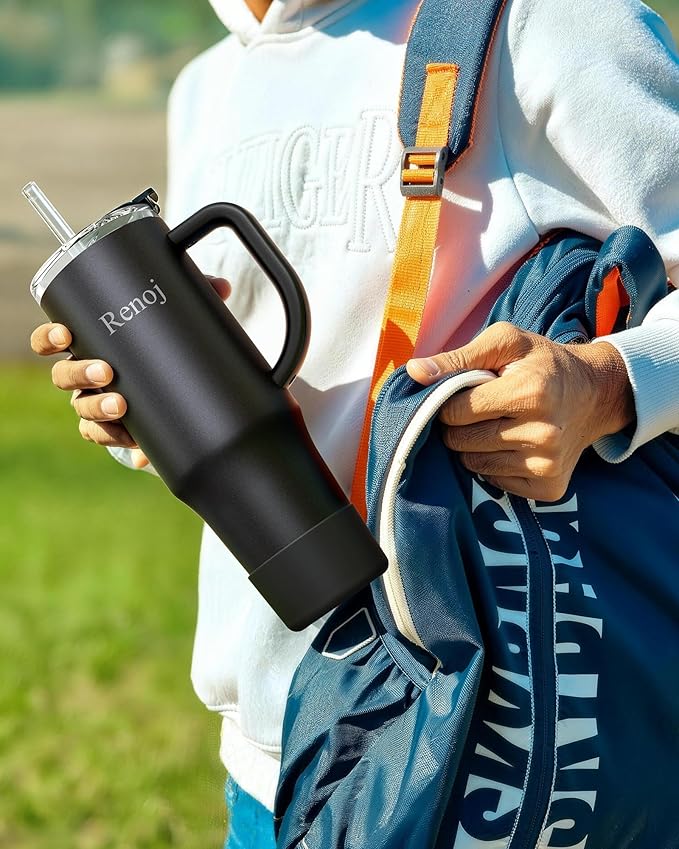 Renoj Insulated Mug 100% Leak Proof Insulated Water Bottle for Iced Coffee & Hot Drinks - Fits Car Cup Holder, Ideal Gift, 2 Straws & Silicone Boot - SnapShift Black 40 oz - Image 3