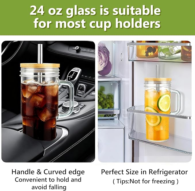 Birity Glass Cups with Lids and Straws,24oz Glass Tumbler With Handle,4 Pack Reusable Iced Coffee Cup with Lids-Mason Jar with Lid and Straw,Boba Cup for Cold & Hot Drinks,Smoothies Cup,Travel Mug - Image 2