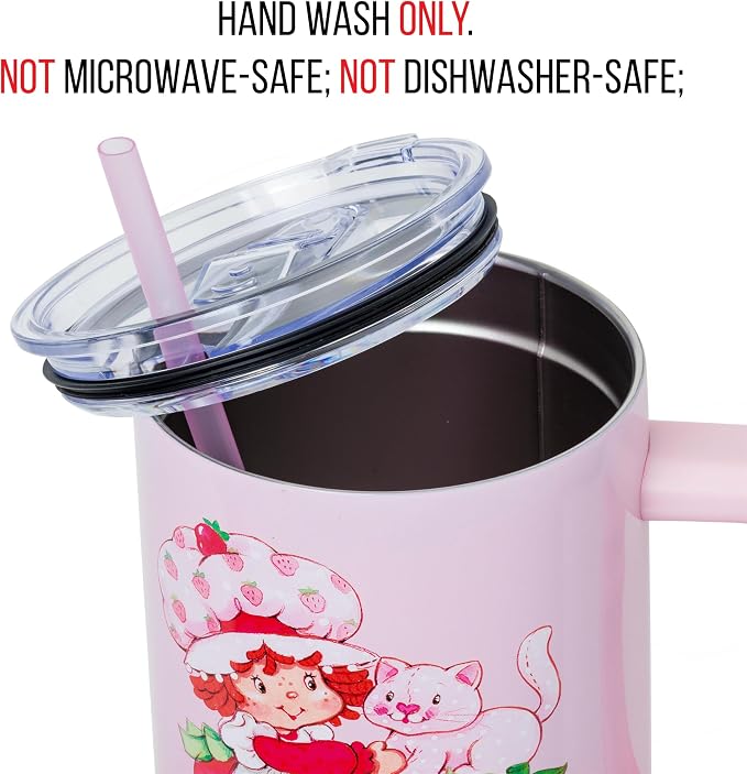 Silver Buffalo Strawberry Shortcake and Custard Vintage Berry Ombre Double Walled Stainless Steel Tumbler with Handle and Straw, Fits in Standard Cup Holder, 40 Ounces - Image 4