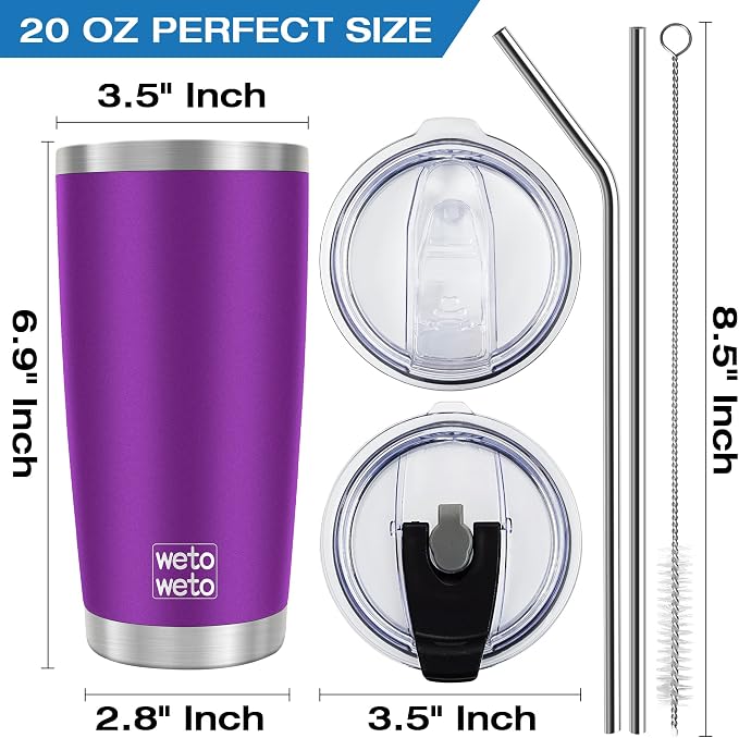 WETOWETO 20oz Tumbler with 2 lids and 2 straws, Stainless Steel Vacuum Insulated Water Coffee Tumbler Cup, Double Wall Powder Coated Spill-Proof Travel Mug Thermal Cup (Purple, 1 Pack) - Image 3