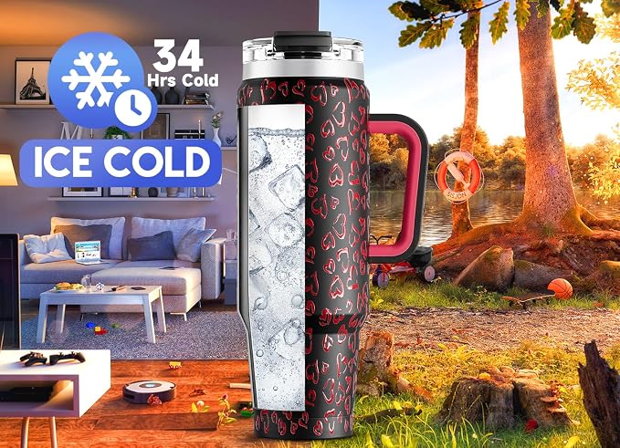 Meoky 40 oz Tumbler with Handle and Straw, Insulated Tumbler with Lid and Straw, Stainless Steel Travel Mug, Keeps Cold for 34 Hours, 100% Leak Proof, Fits in Car Cup Holder (Heart) - Image 2