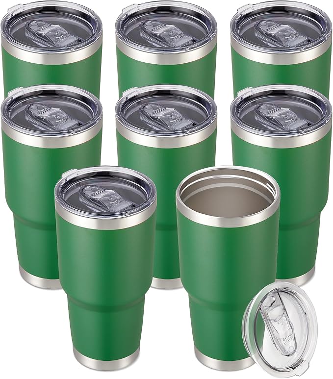 30 oz Tumbler with Lid Stainless Steel Tumblers Bulk Vacuum Insulated Cup Reusable Powder Coated Travel Mug Double Wall Leak Proof Cups Keep Cold Drinks for 12 Hours Dark Green, Set of 8 by CoolYoleb