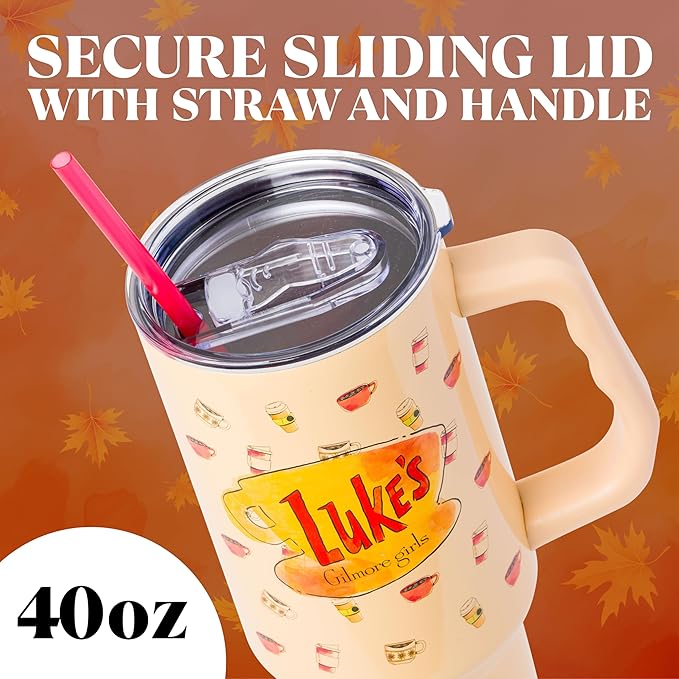 Silver Buffalo Gilmore Girls Luke's Diner Double Walled Stainless Steel Tumbler with Handle and Straw, Fits in Standard Cup Holder, 40 Ounces - Image 3