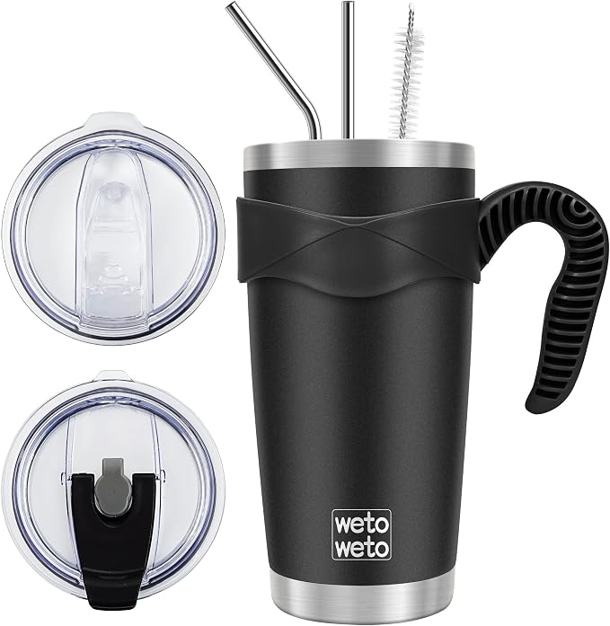 WETOWETO 20oz Tumbler with 2 lids and 2 straws, Stainless Steel Vacuum Insulated Coffee Tumbler Cup, Double Wall Powder Coated Leak-proof Travel Coffee Mug Cup (Black, 1 Pack) by Wetoweto