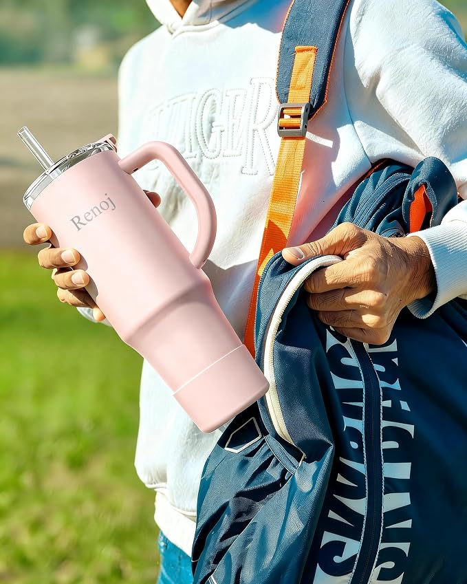 Renoj Insulated Mug 100% Leak Proof Insulated Water Bottle for Iced Coffee & Hot Drinks - Fits Car Cup Holder, Ideal Gift, 2 Straws & Silicone Boot - SnapShift Light Pink 40 oz - Image 3
