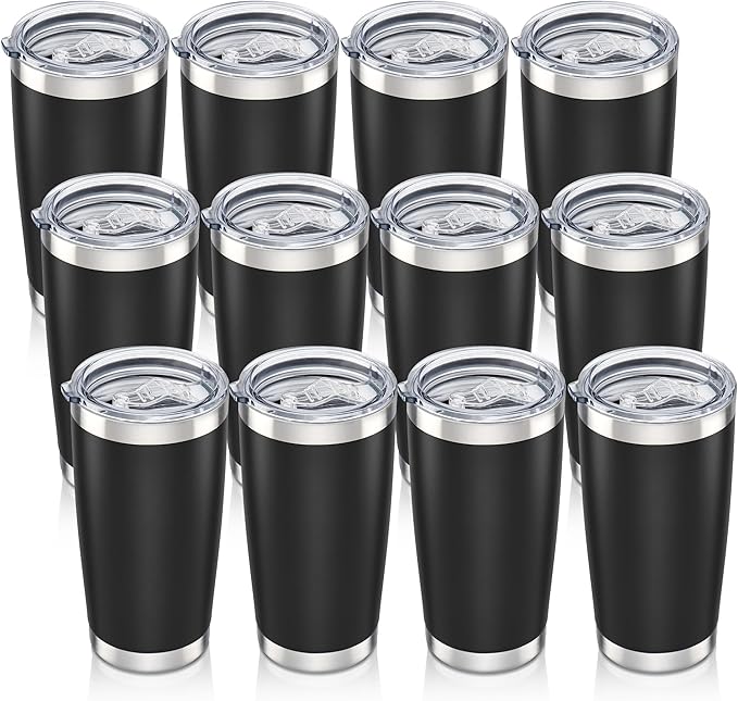 20 oz Tumbler with Lid Stainless Steel Insulated Tumblers Bulk Double Wall Vacuum Cups Powder Coated Travel Mug Keep Drinks Cold and Hot, Black, 12 Pack by Orebigo