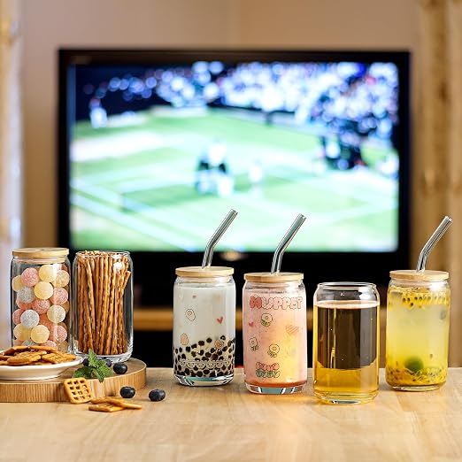 [ 12pcs Set ] Glass Cups with Bamboo Lids and Glass Straw - Beer Shaped Drinking Glasses, 16 oz Iced Coffee Glasses, Cute Tumbler Cup for Smoothie, Boba Tea, Whiskey, Water - 4 Cleaning Brushes - Image 6