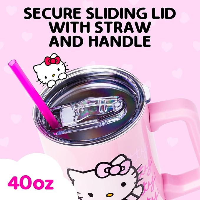 Silver Buffalo Sanrio Hello Kitty Waving Double Walled Stainless Steel Tumbler with Handle and Straw, Fits in Standard Cup Holder, 40 Ounces - Image 3