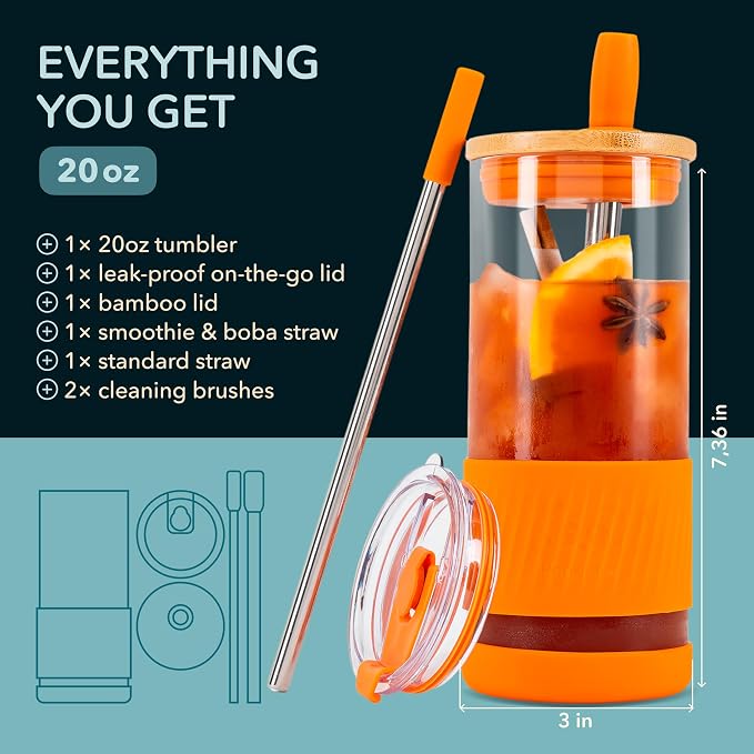 Pandaloo® Glass Cups With Lids and Straws -20 Fl Oz- Perfect Size Iced Coffee Cup - Smoothie Cup With Bamboo Lid and On the go Lid - Glass Tumbler With Straw (1 Count (Pack of 1), Autumn Gold) - Image 2