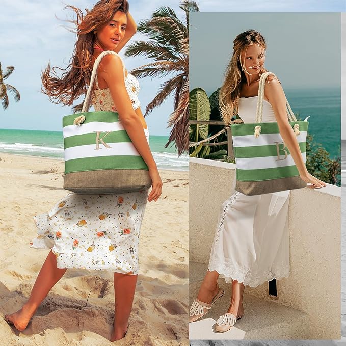 YOOLIFE Initial Canvas Waterproof Beach Tote Bag Zipper Personalized Gifts - Image 2