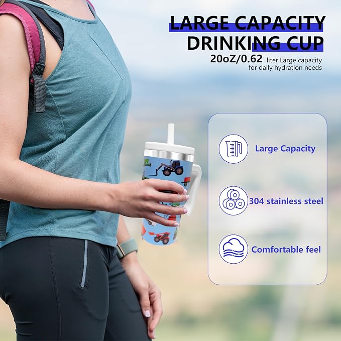 2PCS 20-OZ Insulated Water Bottle,Insulated Stainless Steel Tumbler,Reusable Cold Drink Thermos,BPA-Free, Double-Wall Stainless Steel Water Bottle (Blue-Farm Vehicles, 20, Fluid Ounces) - Image 4