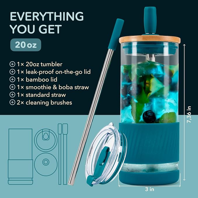 Pandaloo® Glass Cups With Lids and Straws -20 Fl Oz- Perfect Size Iced Coffee Cup - Smoothie Cup With Bamboo Lid and On the go Lid - Glass Tumbler With Straw (1 Count (Pack of 1), Intense Teal) - Image 2