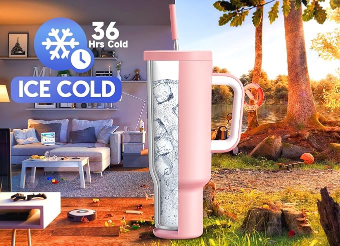 Meoky 50 oz Tumbler with Handle, Tumbler with Lid and Straw, Insulated Stainless Steel Travel Mug, 100% Leak-proof, Keeps Cold for 36 Hours or Hot for 12 Hours (Blush) - Image 2