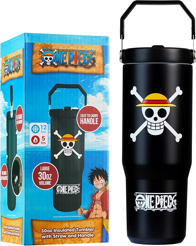Get Trend One Piece Tumbler with Straw 30oz Kids Teens Insulated Cup with Lid Handle Travel Mug Cups with Lids for School Sports Anime Gifts for Kids (Black One Piece) by GetTrend