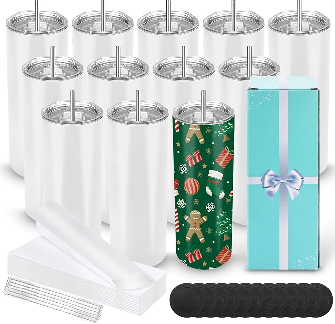 D·S 12 Pack Sublimation Tumblers 20 oz Bulk Skinny Straight Flat Bottom Blank Tumbler Cups with Individual Gift Boxed for Heat Transfer DIY Craft by D%C2%B7STUMBLER
