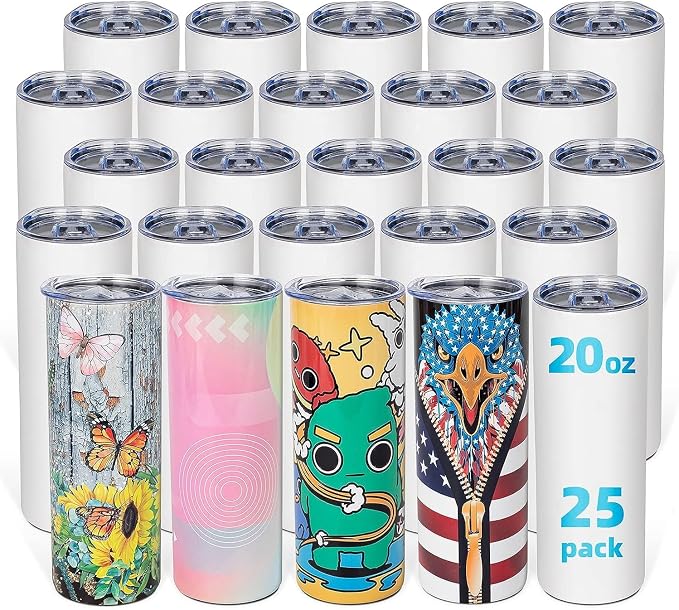 25 Pack 20oz Sublimation Tumbler Blanks Skinny Straight in Bulk, Stainless Steel Insulated Sublimation Tumbler with Polymer Coating for Heat Transfer, with Lid, Straw, Ribbon, Gift Box by UIRZOTN