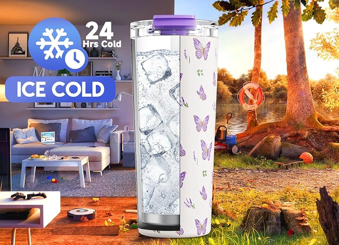 Meoky 24 oz Travel Coffee Mug with Leak-proof Lid, Stainless Steel Insulated Coffee Tumbler, Keeps Hot for 8 Hours or Cold for 24 Hours, Fits in Car Cup Holder (Butterfly) - Image 4