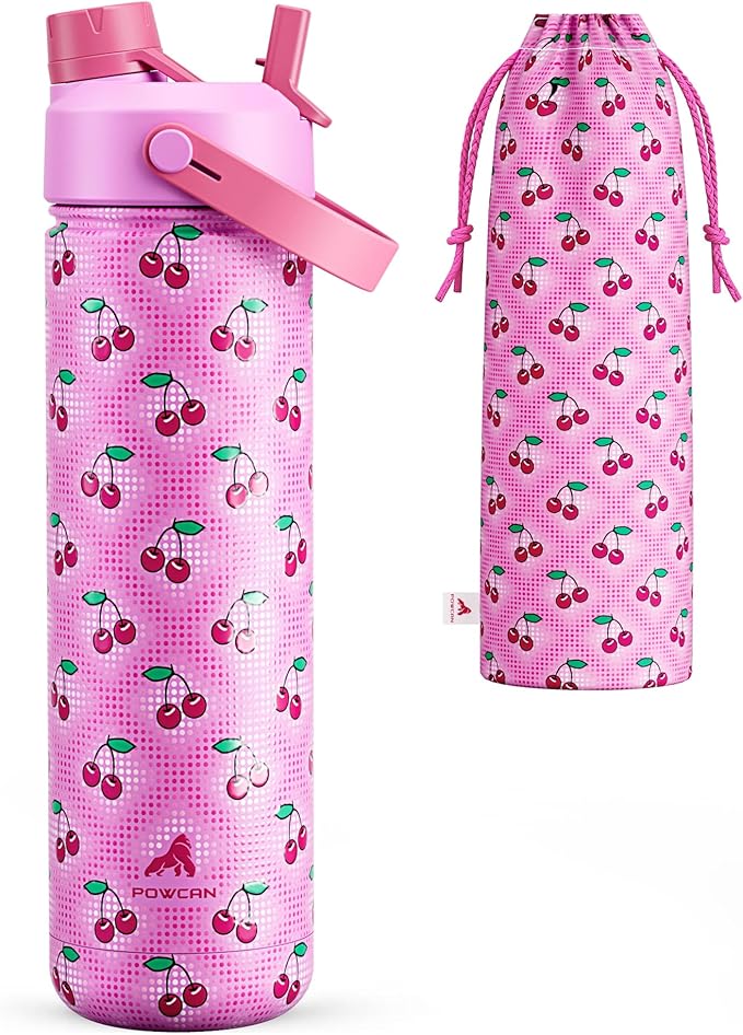 POWCAN 26 oz Insulated Water Bottle with 2-in-1 Straw and Spout Lid, Keep Cold 24H, Leak-Proof, Fits in Car Cup Holder, Stainless Steel Water Bottle for Sports, Travel, Gift and School (Cherry Pop) by POWCAN