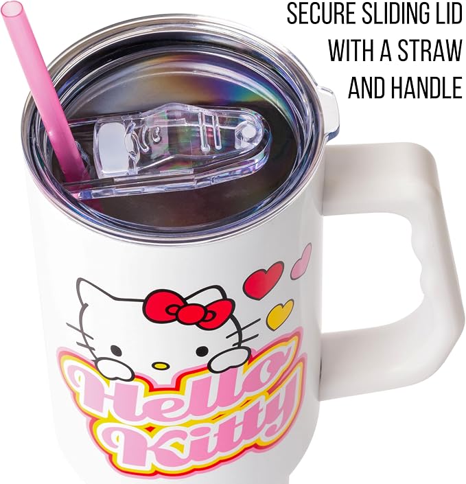 Silver Buffalo Sanrio Hello Kitty Name and Hearts Double Walled Stainless Steel Tumbler with Handle and Straw, Fits in Standard Cup Holder, 40 Ounces - Image 2