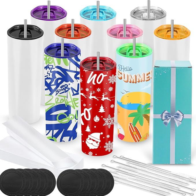Joyclub 20oz Sublimation Tumblers Sublimation Cups with Straw for Heat Press Flat Edge Skinny Straight SublimationTumbler Colorfull Lids 10 pack by Joyclub