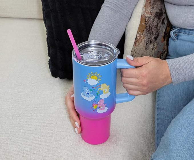 Silver Buffalo Care Bears Featuring Grumpy Bear, Funshine, and Love-A-Lot Bear Heart Showers Ombre Double Walled Stainless Steel Tumbler with Handle and Straw, Fits in Standard Cup Holder, 40 Ounces - Image 9