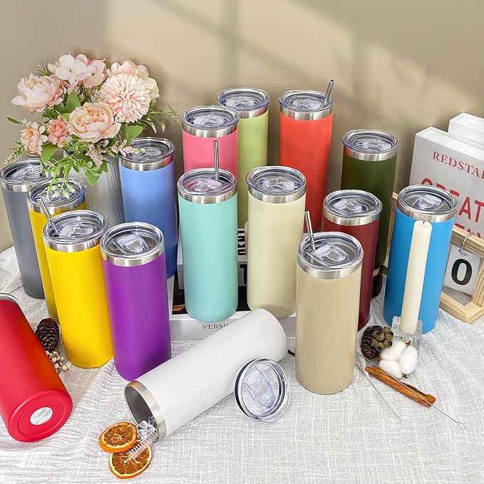 YOUKE OLA 16 Pack Stainless Steel Skinny Tumblers Bulk Straight Double Wall Powder Coated Insulated Tumbler with Lid and Straw for Laser Engrave, DIY Gift, 20oz Mix Colors - Image 4
