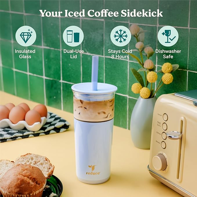 REDUCE Aspen 20 oz Vacuum Insulated Glass Tumbler with Lid & Extra Wide Straw - Keeps Drinks Cold for 12 Hrs - Ideal for Iced Coffee, Smoothies & Boba - Dishwasher Safe, Soft Base - Phantom - Image 2