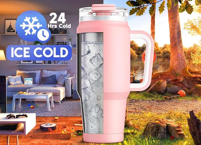 Meoky 32 oz Tumbler with Handle, Insulated Tumbler with Lid and Straw, Stainless Steel Travel Mug, Keeps Cold for 24 Hours, 100% Leak Proof, Fits in Car Cup Holder (Blush) - Image 2