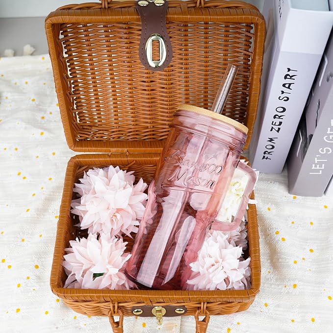 ANOTION Glass Cups with Handle, 24oz Glass Cups with Lids and Straws Travel Coffee Mug Bamboo Mason Jar Iced Cup Smoothie Tea Clear Cute Water Drinking Jars Glasses - Image 2