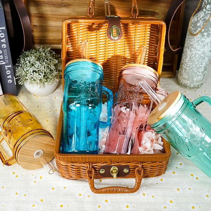 ANOTION Colored Glass Cups with Handle Set of 4, 24oz Glass Cups with Lids and Straws Travel Coffee Mug Bamboo Mason Jar Iced Cup Smoothie Tea Clear Cute Water Drinking Jars Glasses - Image 8