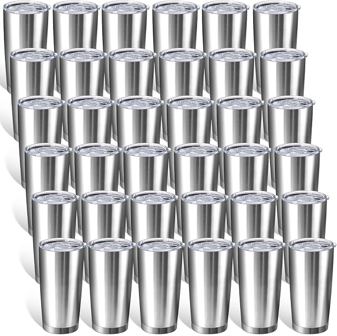 Sieral 36 Pack Stainless Steel Tumblers Bulk with Lids Double Wall Vacuum Insulated Coffee Cups Blank leakproof Powder Coated Tumblers for Engraving Wedding Graduation Party Favors(20 oz,Silver) by Sieral